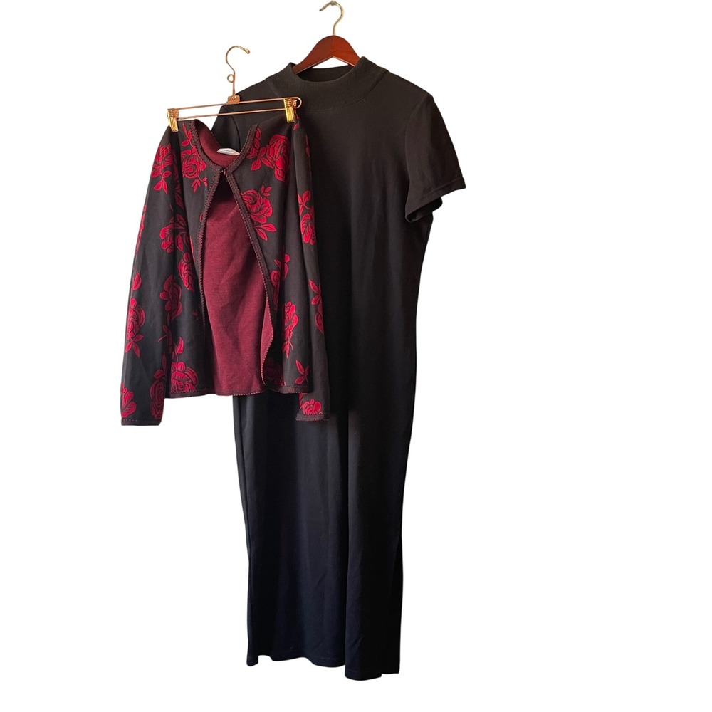 Vintage Miss Dorby Dress Set Black Mock Neck Rose Cardigan Sweater size large
